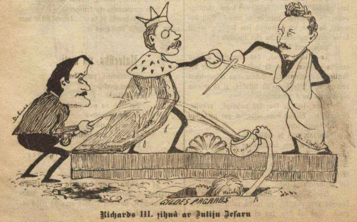 Karikatūra par Rūdolfa Blaumaņa iecerēto iestudējumu "Ričards III". Apakšā paraksts - Rihards III cīņā ar Jūliju Cēzaru.