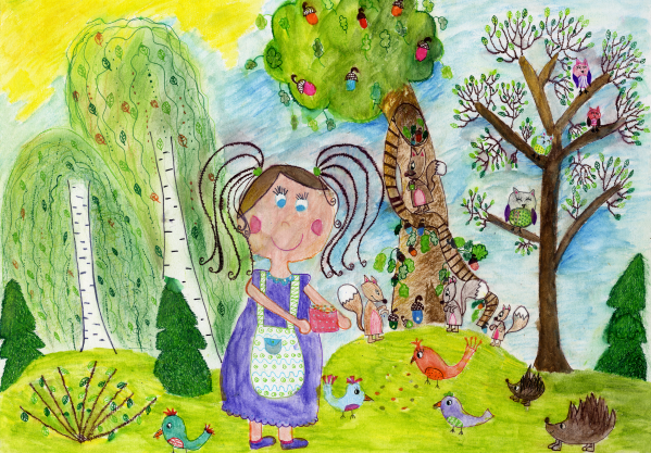 Skolēna zīmēta ilustrācija dzejas krājumam "Lellīte Lolīte". Tajā uzzīmēta meitene, kas stāv pļavas vidū, apkārt viņai lieli koki, blakus dažādi maža dzīvnieki.