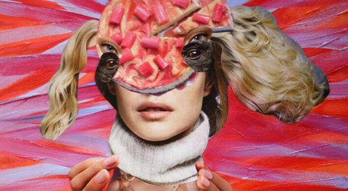 Rasas Jansones mākslas darbs - kolāža "Pusdienu kārbiņa". Tajā šķietami attēlota sieviete uz sarkanīgi rozīga fona, viņu ieskauj plaukstas. Acīm priekšā maska - siera kūka