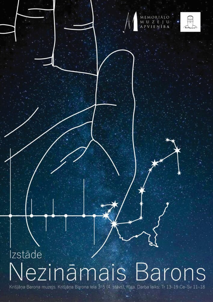 Uz zvaigžņotas debess fona attēlota ar baltu krāsu zīmēta plauksta, labi saskatāmas plaukstas līnijas. Pa labi no plaukstas iezīmēts zvaigznājs. Apakšā rakstīts "Nezināmais Barons"