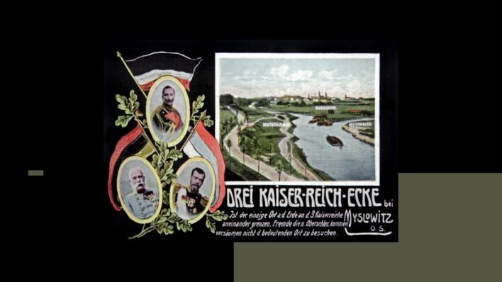 Pastkarte ar Austrijas, Vācijas un Krievijas ķeizaru portretiem. Pastkartes labajā malā attēlots zīmēts šo trīs impēriju robežsadures punkts upes krastā.