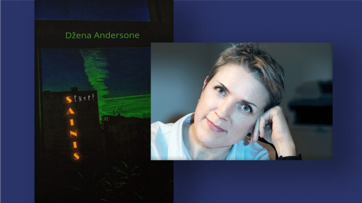 Uz zila fona redzami divi attēli. Pa kreisi attēlā redzams Dženas Andersones jaunais stāstu krājums "Sainis", pa labi - rakstniece Džena Andersone. Redzama tikai viņas seja un plecu līnija, galva atspiesta pret roku.