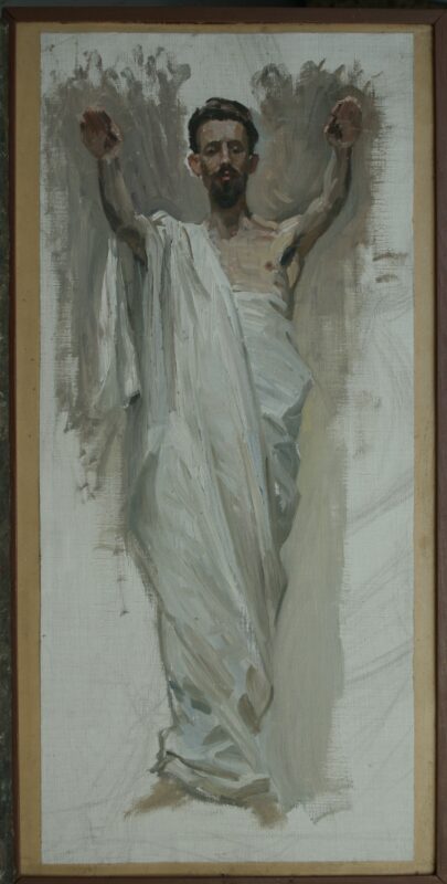 Attēlā redzama Jaņa Rozentāla gleznas "Kristus Debesbraukšana studijā. Tajā attēlots vīrieša tēls - Jēzus - ar paceltām rokām, viņš ģērbies baltā autā. Apkārt tēlam iezīmētas ēnas, bet pārējais fons nav pabeigts