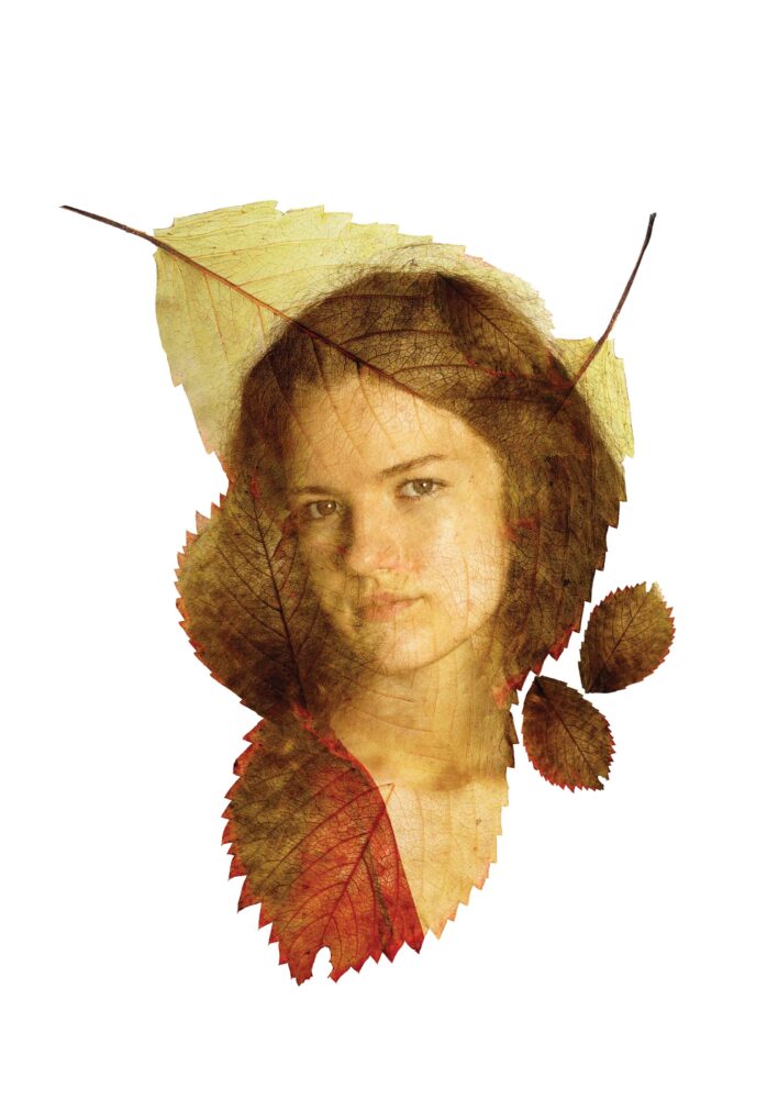 Māksliniecisks portrets, kurā jaunas sievietes seja ir sapludināta ar sausām, dzeltenbrūnām koku lapām. Sievietes portrets redzams lapu faktūras un vēnu raksta ietvarā, radot dabisku, rudenīgu un sapņainu noskaņu. Attēla fons ir balts, kas izceļ gan sejas vaibstus, gan lapu siluetus.