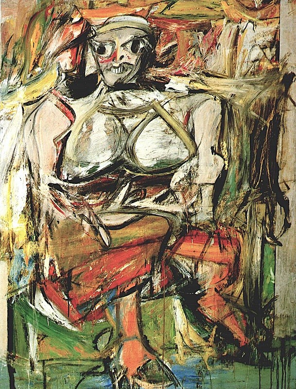 ilema de Kūninga glezna “Sieviete III” (1950–1952). Ekspresīvā, abstraktā gleznojumā attēlota sēdoša sievietes figūra ar lielām acīm, platu smaidu un izteiktām krūtīm. Figūru veido raupji, enerģiski otas triepieni melnos, baltos, sarkanos, zaļos un dzeltenīgos toņos. Sievietes ķermenis saplūst ar haotisko, daudzslāņaino fonu.